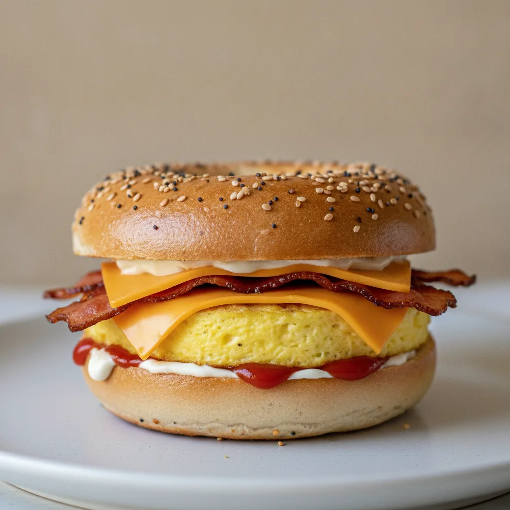 Egg and Cheese Bagel + Bacon (Everything Bagel) Egg and Cheese Bagel + Bacon (Everything Bagel)