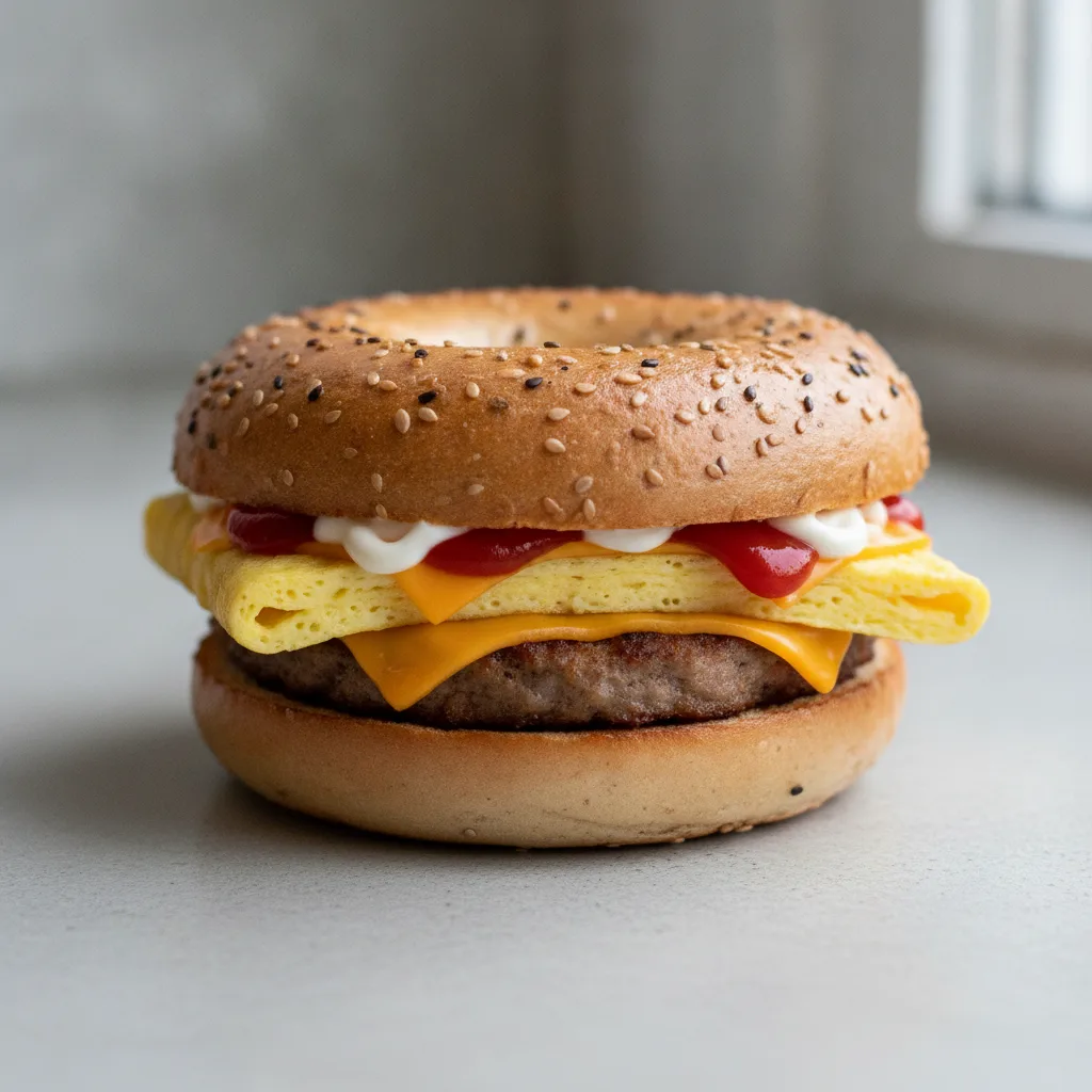 Egg and Cheese Bagel + Sausage (Everything Bagel) Egg and Cheese Bagel + Sausage (Everything Bagel)
