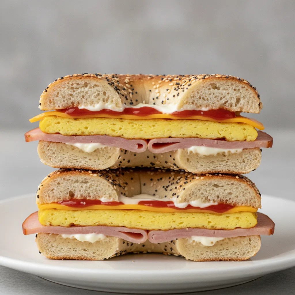 Egg and Cheese Bagel + Turkey Ham (Everything Bagel) Egg and Cheese Bagel + Turkey Ham (Everything Bagel)