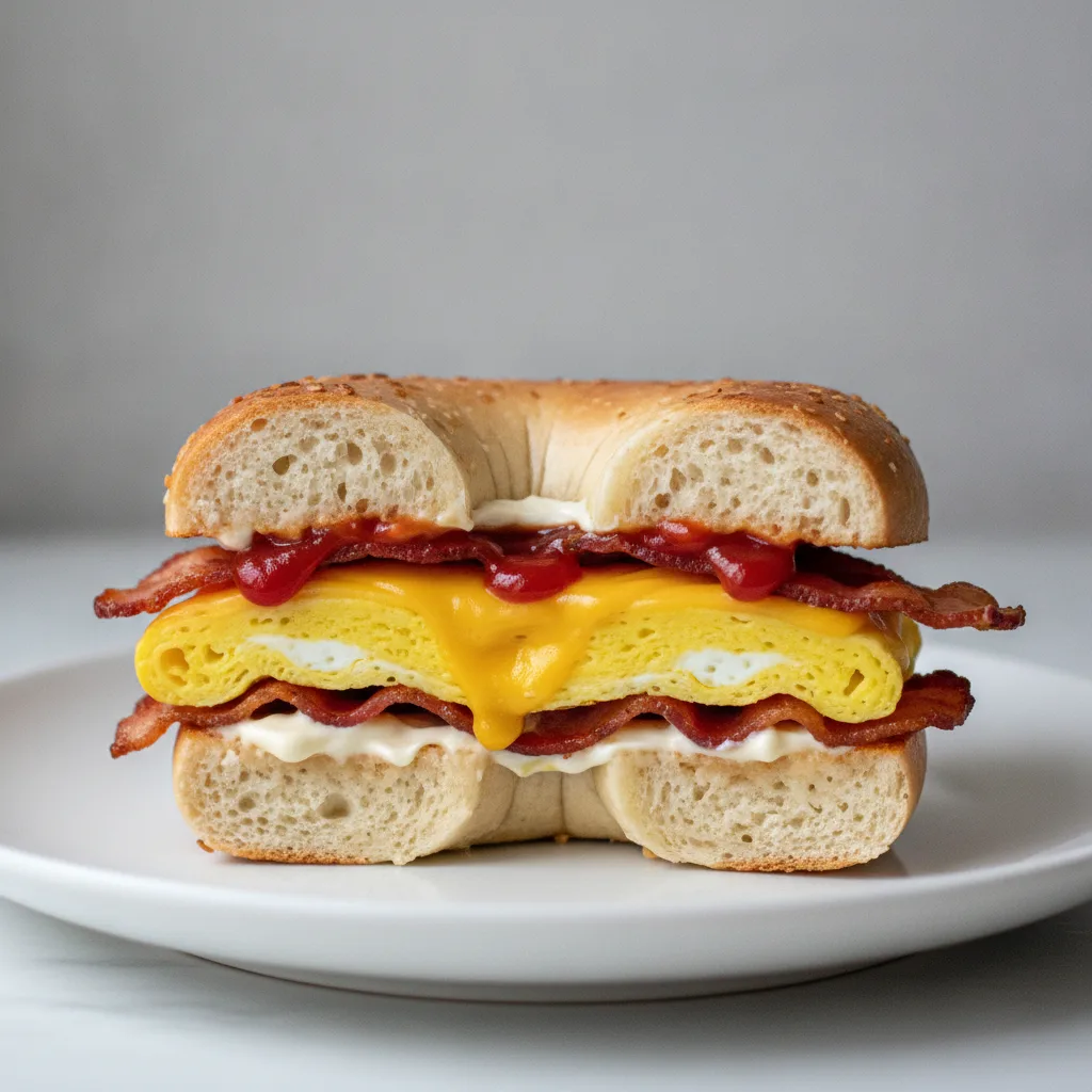 Egg and Cheese Bagel + Bacon (Onion Bagel) Egg and Cheese Bagel + Bacon (Onion Bagel)
