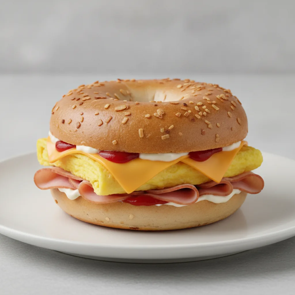 Egg and Cheese Bagel + Turkey Ham (Onion Bagel) Egg and Cheese Bagel + Turkey Ham (Onion Bagel)