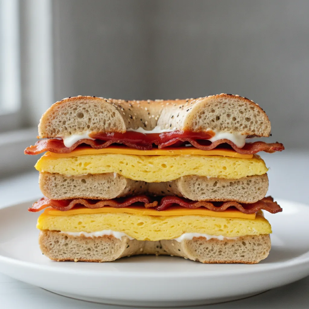 Egg and Cheese Bagel + Bacon (Gluten Free Bagel) Egg and Cheese Bagel + Bacon (Gluten Free Bagel)