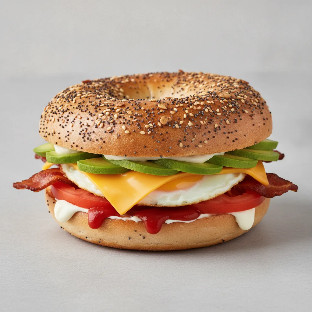 Avocado and Cheese Bagel + Bacon (Everything Bagel) Avocado and Cheese Bagel + Bacon (Everything Bagel)