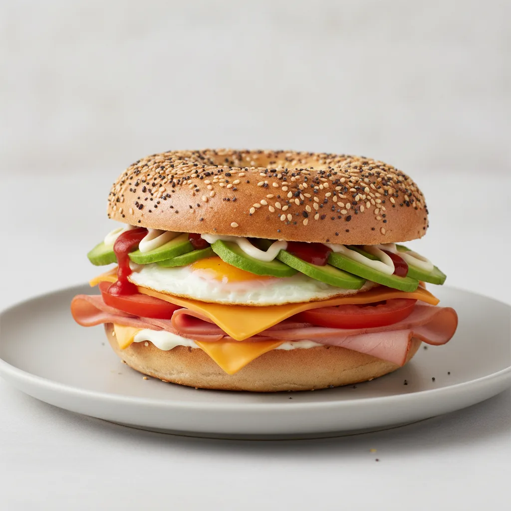 Avocado and Cheese Bagel + Turkey Ham (Everything Bagel) Avocado and Cheese Bagel + Turkey Ham (Everything Bagel)
