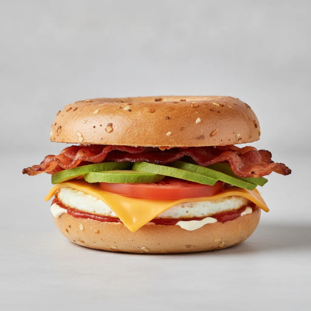 Avocado and Cheese Bagel + Bacon (Onion Bagel) Avocado and Cheese Bagel + Bacon (Onion Bagel)
