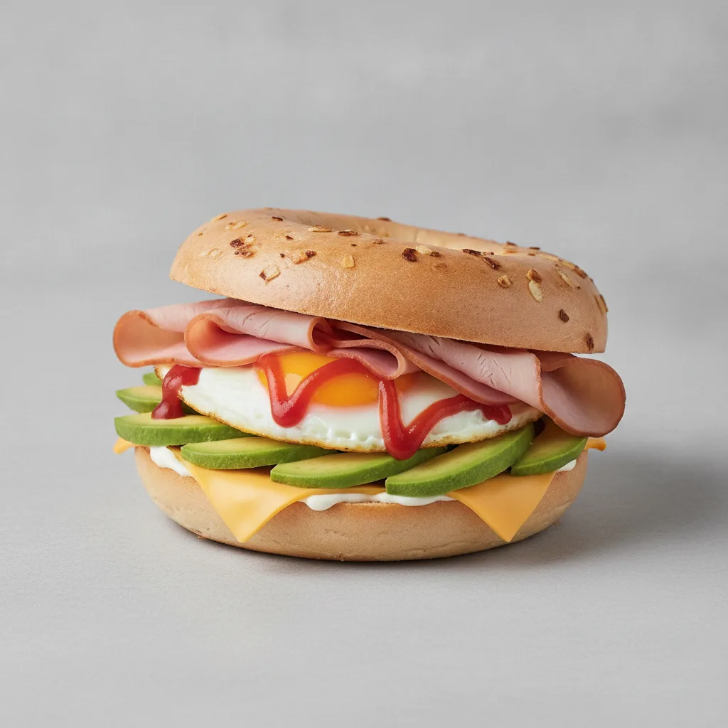 Avocado and Cheese Bagel + Turkey Ham (Onion Bagel) Avocado and Cheese Bagel + Turkey Ham (Onion Bagel)