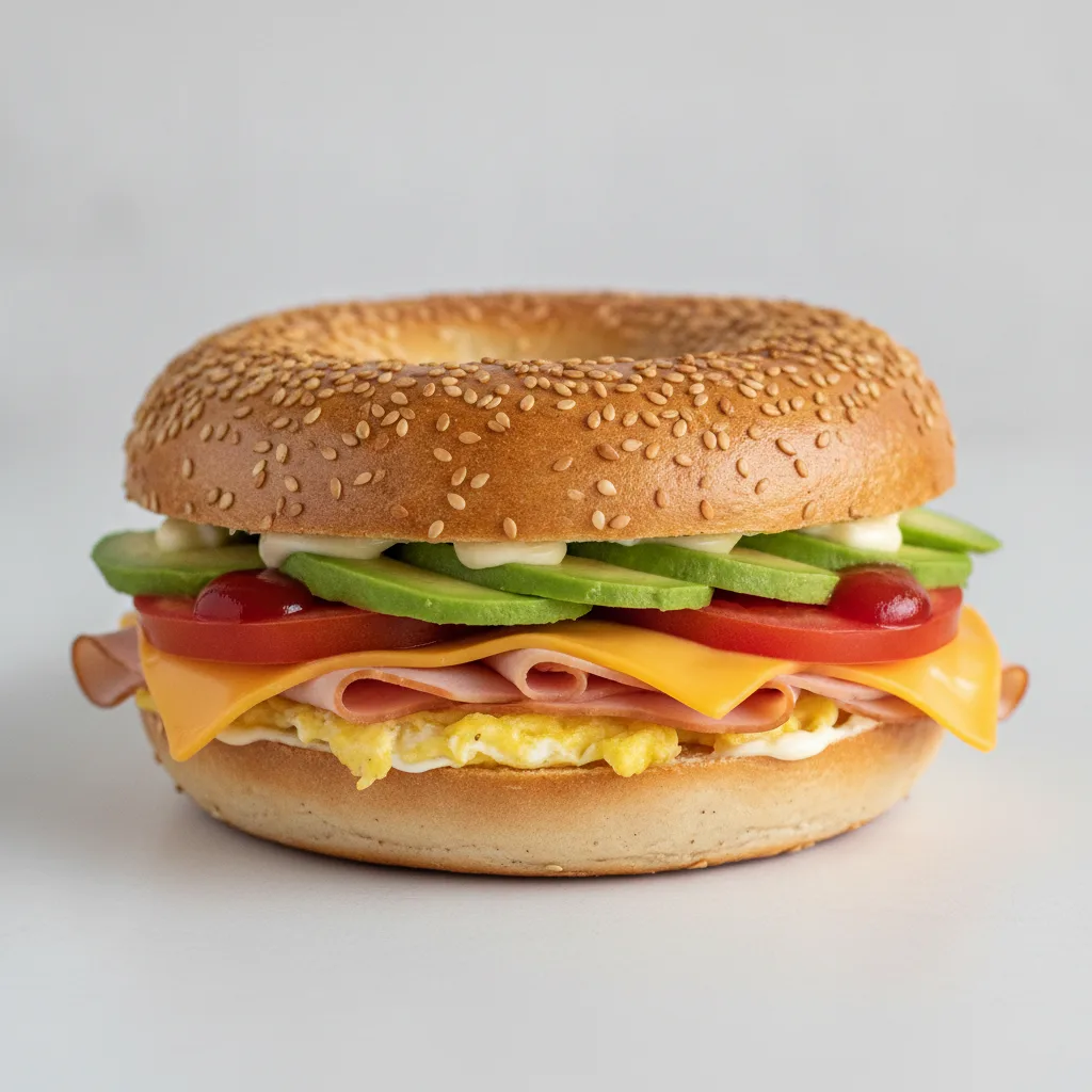 Avocado and Cheese Bagel + Turkey Ham (Sesame Bagel) Avocado and Cheese Bagel + Turkey Ham (Sesame Bagel)