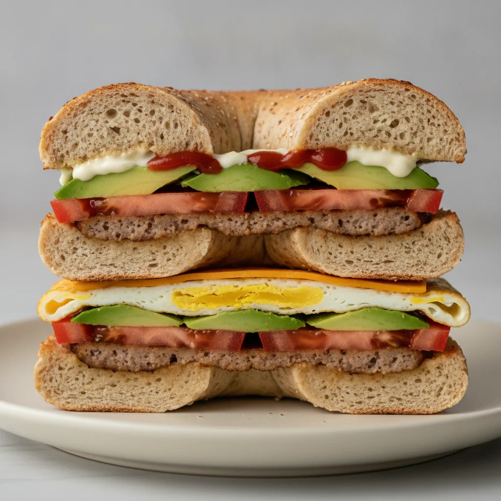 Avocado and Cheese Bagel + Sausage (Whole Wheat Bagel) Avocado and Cheese Bagel + Sausage (Whole Wheat Bagel)