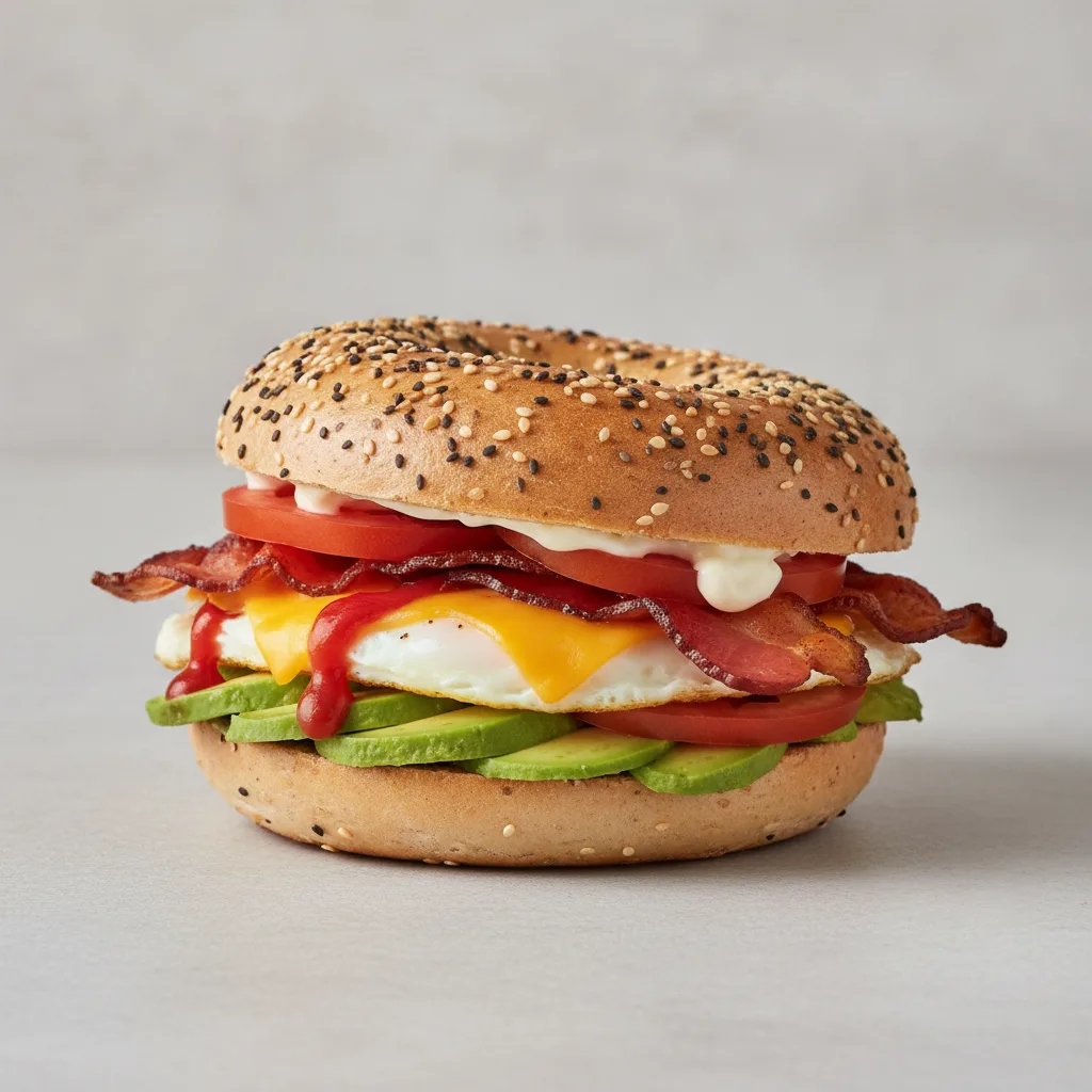 Avocado and Cheese Bagel + Bacon (Gluten Free Bagel) Avocado and Cheese Bagel + Bacon (Gluten Free Bagel)