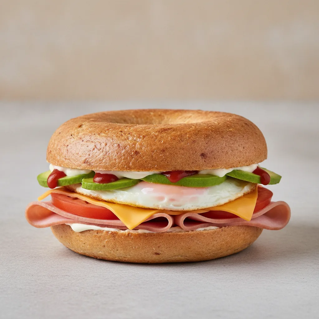 Avocado and Cheese Bagel + Turkey Ham (Gluten Free Bagel) Avocado and Cheese Bagel + Turkey Ham (Gluten Free Bagel)