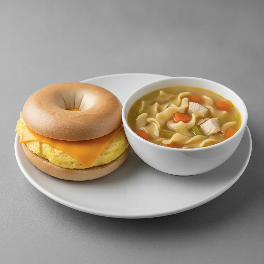 Bagel Egg and Cheese + Chicken Noodle Soup Combo (Plain Bagel) Bagel Egg and Cheese + Chicken Noodle Soup Combo (Plain Bagel)