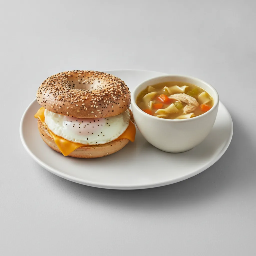 Bagel Egg and Cheese + Chicken Noodle Soup Combo (Everything Bagel) Bagel Egg and Cheese + Chicken Noodle Soup Combo (Everything Bagel)