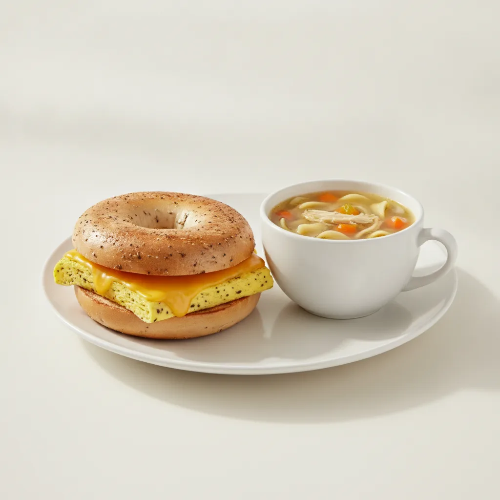 Bagel Egg and Cheese + Chicken Noodle Soup Combo (Onion Bagel) Bagel Egg and Cheese + Chicken Noodle Soup Combo (Onion Bagel)