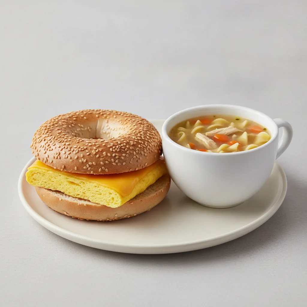 Bagel Egg and Cheese + Chicken Noodle Soup Combo (Sesame Bagel) Bagel Egg and Cheese + Chicken Noodle Soup Combo (Sesame Bagel)