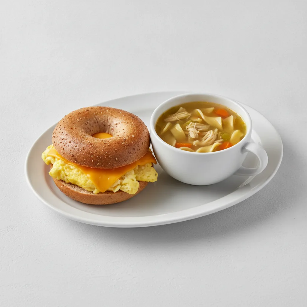 Bagel Egg and Cheese + Chicken Noodle Soup Combo (Whole Wheat Bagel) Bagel Egg and Cheese + Chicken Noodle Soup Combo (Whole Wheat Bagel)