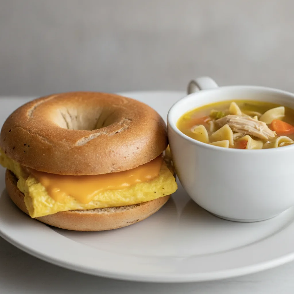 Bagel Egg and Cheese + Chicken Noodle Soup Combo Bagel Egg and Cheese + Chicken Noodle Soup Combo