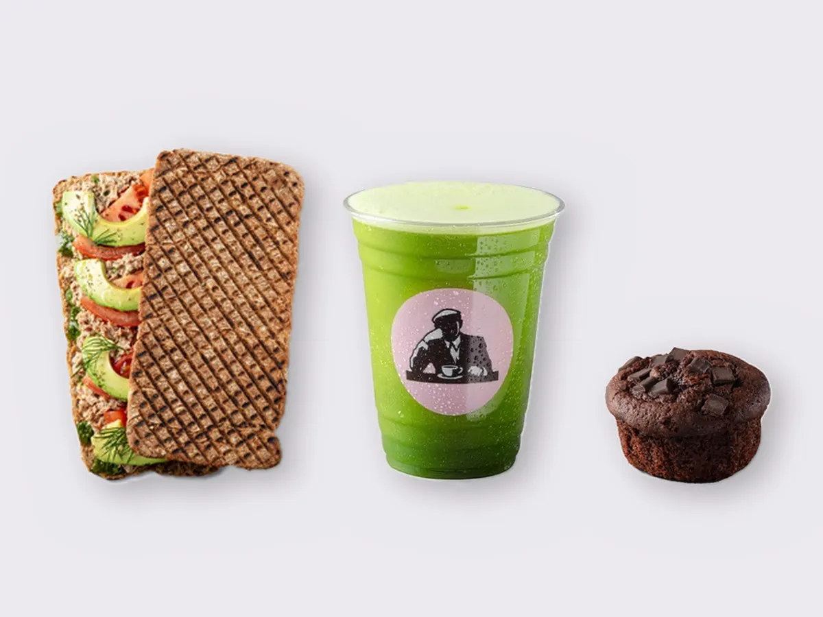 The Ultimate JOE Trio — Tunacado Sandwich, Green Tonic, Chocolate Muffin