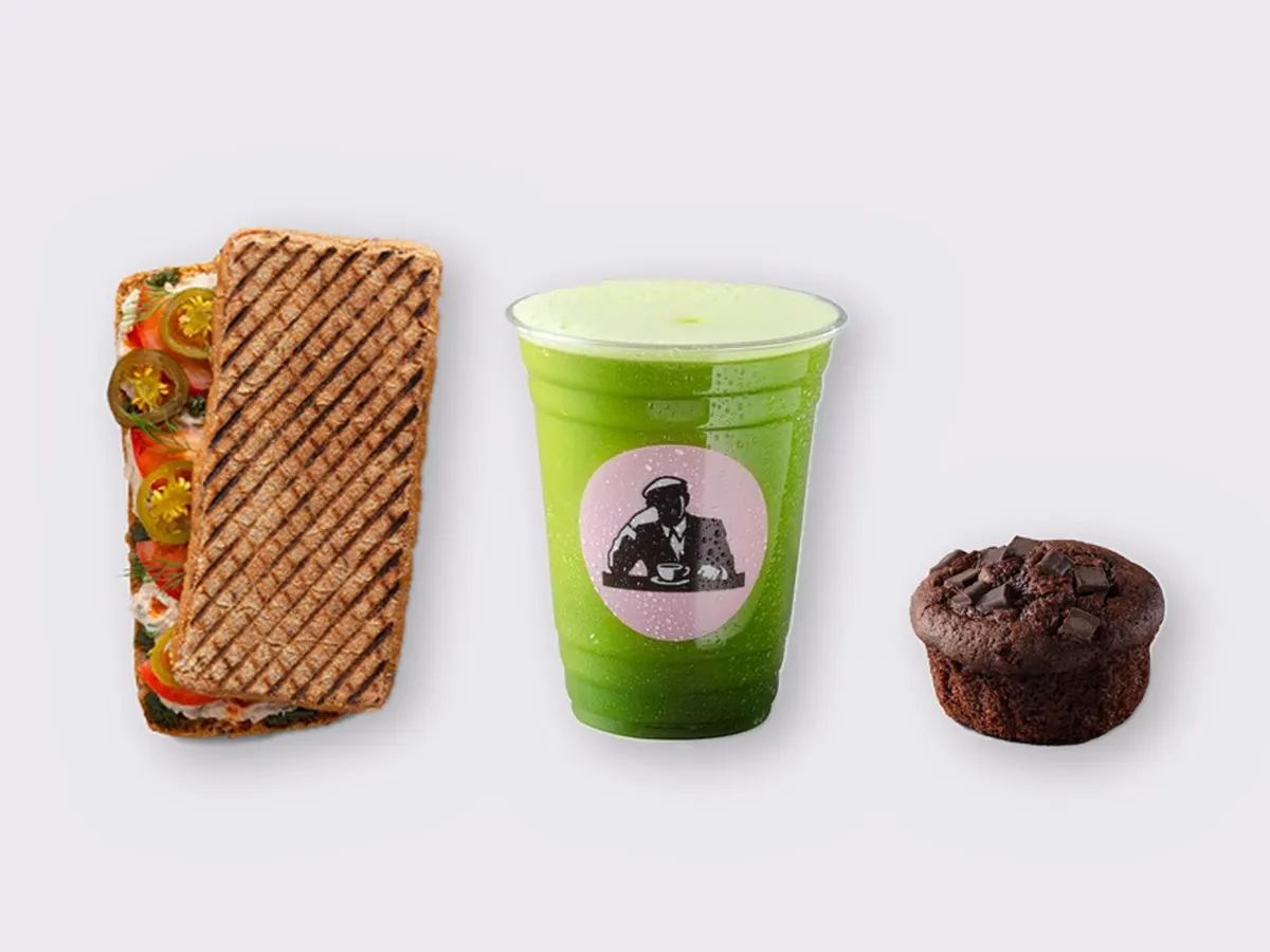 The Ultimate JOE Trio — Spicy Tuna Sandwich, Green Tonic, Chocolate Muffin