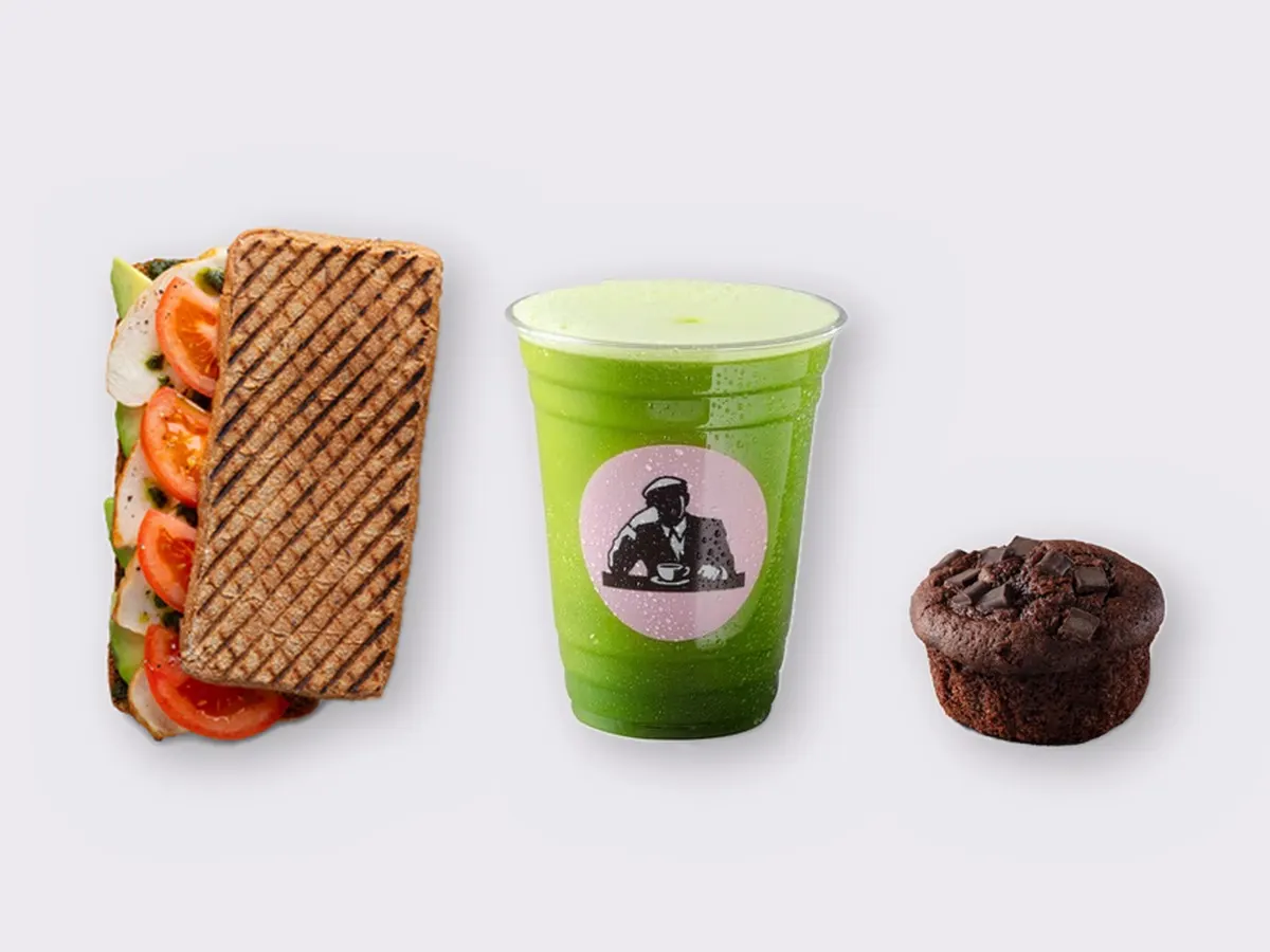 The Ultimate JOE Trio — JOE's Club Sandwich, Green Tonic, Chocolate Muffin