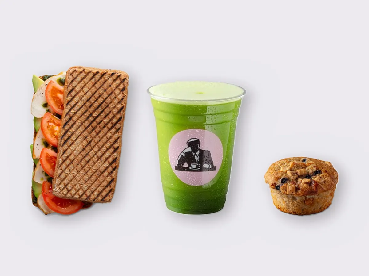 The Ultimate JOE Trio — JOE's Club Sandwich, Green Tonic, Blueberry Muffin
