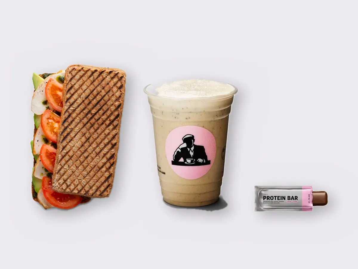 The Ultimate JOE Trio — JOE's Club Sandwich, Coffee Shake, JOE's Protein Bar
