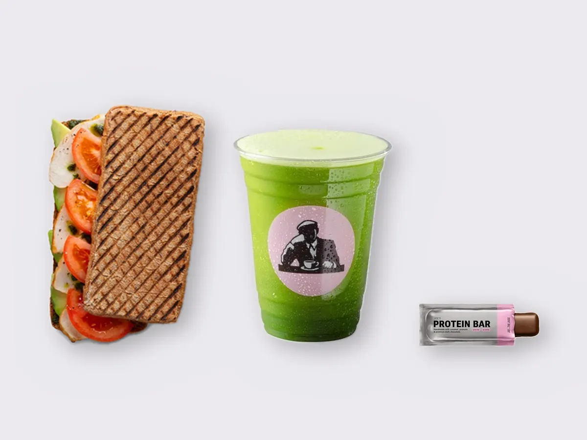 The Ultimate JOE Trio — JOE's Club Sandwich, Green Tonic, JOE's Protein Bar
