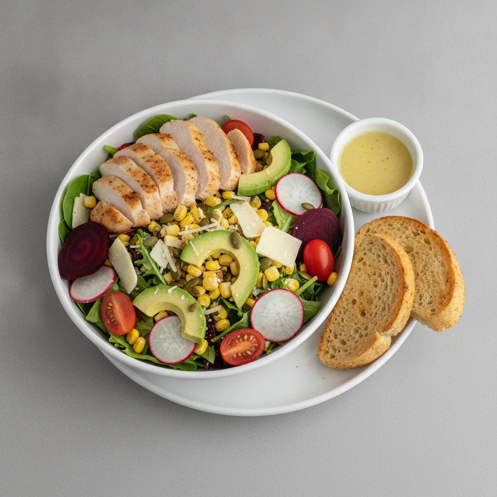 Fresh From the Market Salad with Chicken, Lemon Herb Vinaigrette, GF Bread