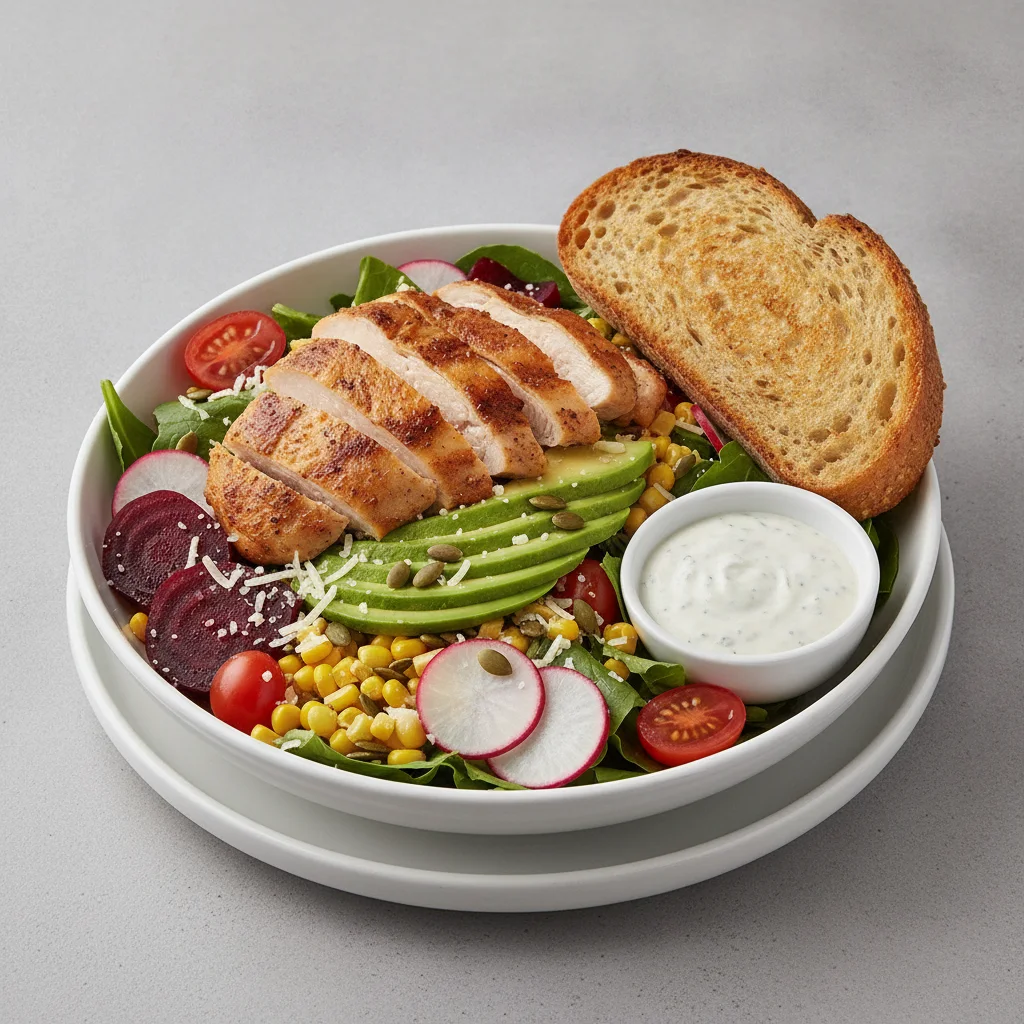Fresh From the Market Salad with Chicken, Blue Cheese Dressing, GF Bread