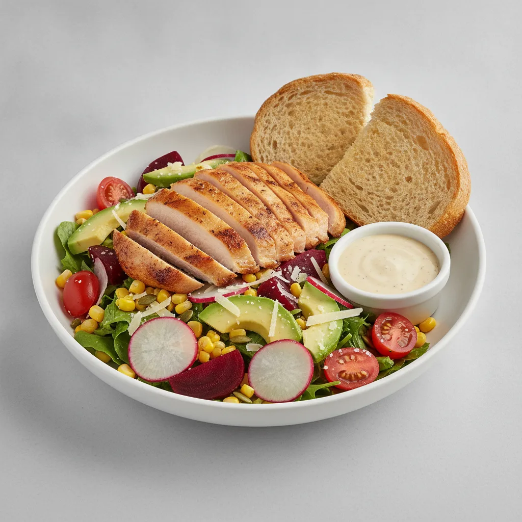 Fresh From the Market Salad with Chicken, Caesar Dressing, GF Bread