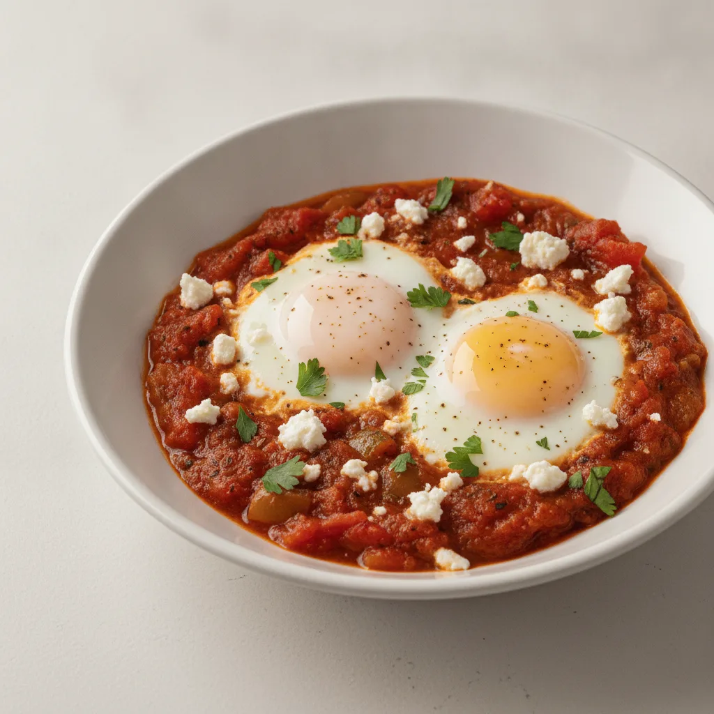 Shakshuka Served with Poached Eggs and Topped with Feta and Fresh Parsley (Shakshuka)
