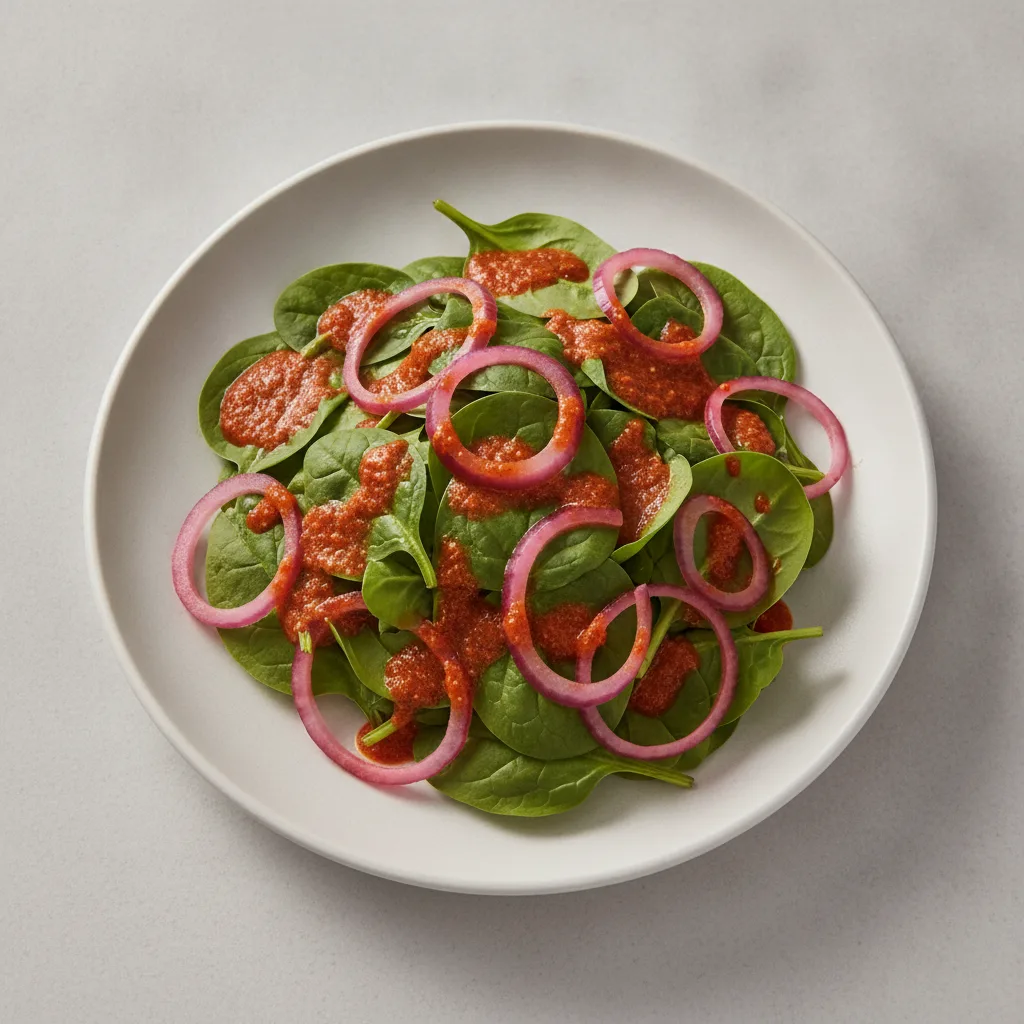 Spinach Salad with Pickled Red Onion and Harissa Vinaigrette (Shakshuka)