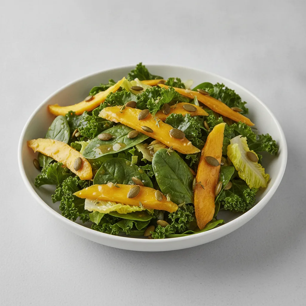 Greens Salad with Dried Mango, Pumpkin Seeds, Pineapple Thyme Vinaigrette (Jamaican Skewers)