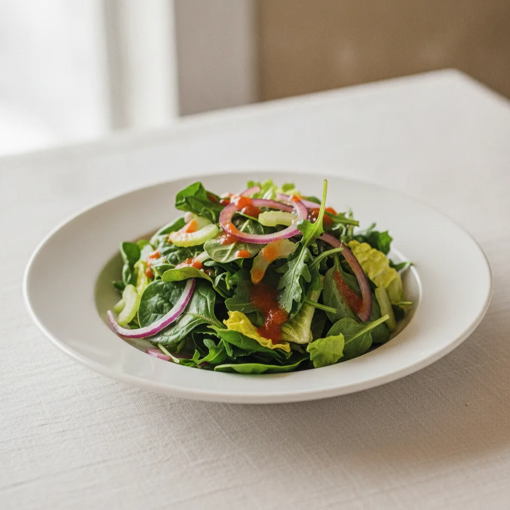 Mixed Greens Salad with Celery, Pickled Red Onion, and a Roasted Red Pepper Vinaigrette (Cajun Dinner Menu)