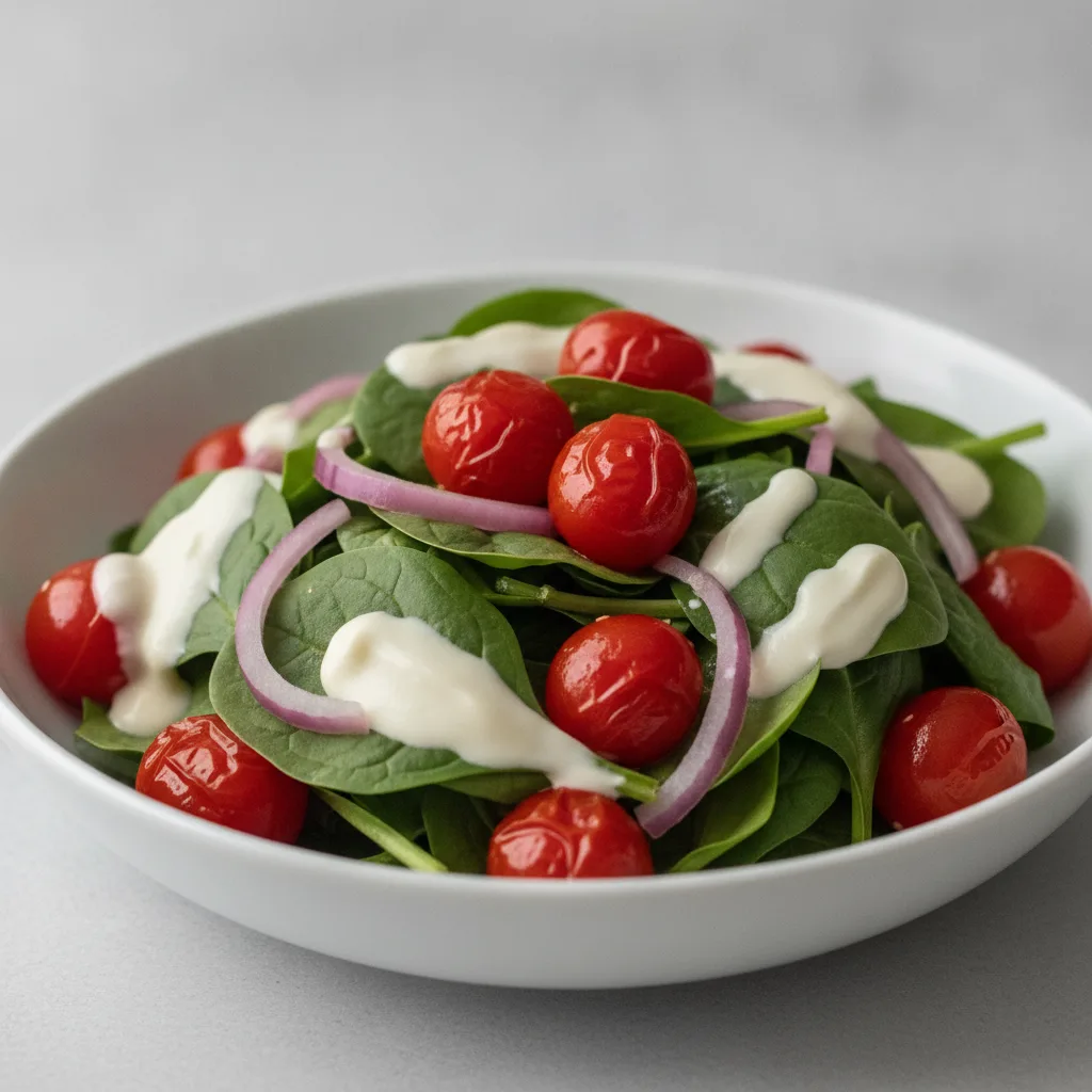 Spinach Salad with Roasted Cherry Tomatoes and Pickled Red Onions, Creamy Confit Garlic Dressing (Steak Dinner)