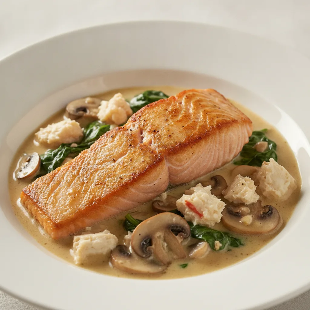 Pan Seared Salmon in Mushroom Spinach Crab Sauce (Salmon Dinner)