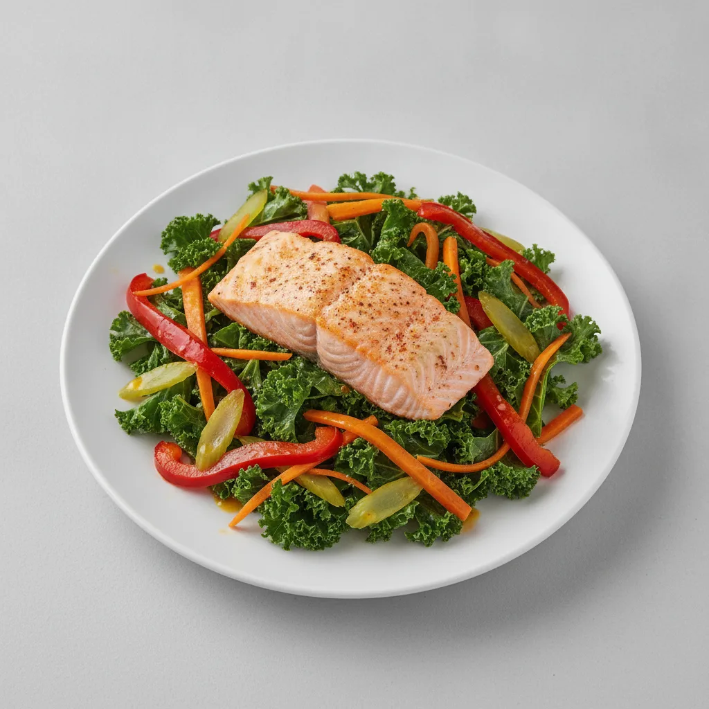 Kale Salad with Roasted Bell Peppers, Pickled Celery, Julienne Carrots, Lemon Paprika Vinaigrette (Salmon Dinner)