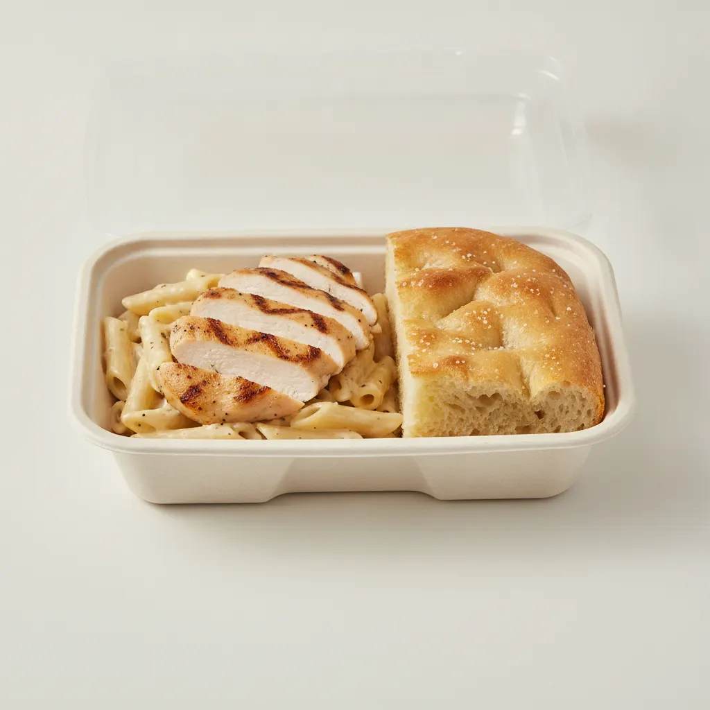 Little Lottis Bowl Box - Penne Pasta with Grilled Chicken, Classic Alfredo and House Baked Focaccia Little Lottis Bowl Box - Penne Pasta with Grilled Chicken, Classic Alfredo and House Baked Focaccia