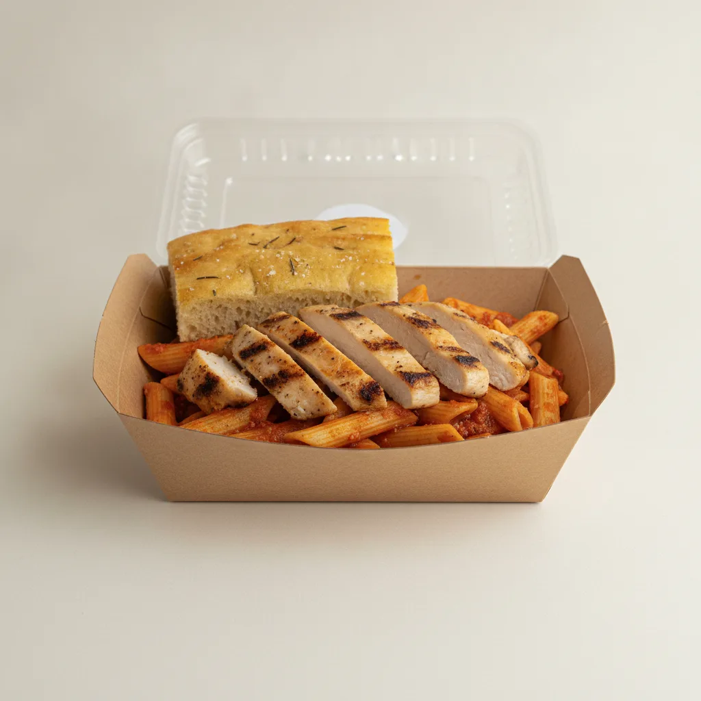 Little Lottis Bowl Box - Penne Pasta with Grilled Chicken, Garlic Marinara and House Baked Focaccia Little Lottis Bowl Box - Penne Pasta with Grilled Chicken, Garlic Marinara and House Baked Focaccia