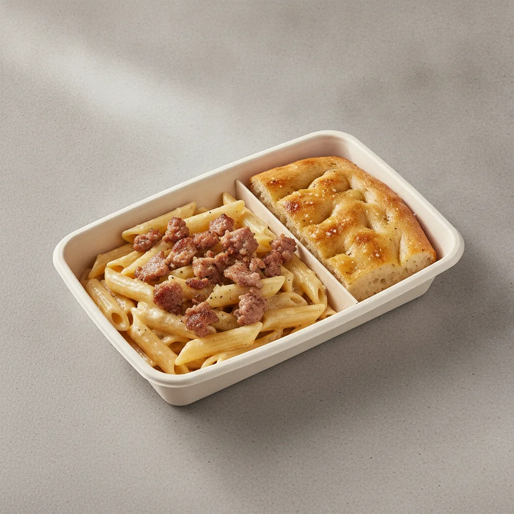 Little Lottis Bowl Box - Penne Pasta with Italian Sausage, Classic Alfredo and House Baked Focaccia Little Lottis Bowl Box - Penne Pasta with Italian Sausage, Classic Alfredo and House Baked Focaccia