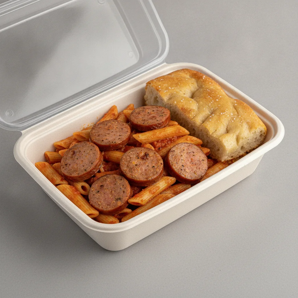Little Lottis Bowl Box - Penne Pasta with Italian Sausage, Garlic Marinara and House Baked Focaccia Little Lottis Bowl Box - Penne Pasta with Italian Sausage, Garlic Marinara and House Baked Focaccia