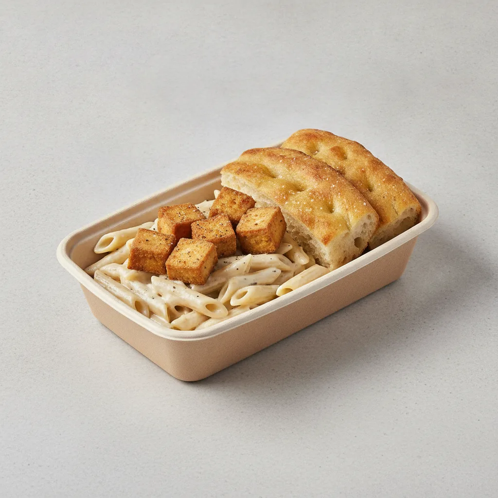 Little Lottis Bowl Box - Penne Pasta with Fried Tofu, Classic Alfredo and House Baked Focaccia Little Lottis Bowl Box - Penne Pasta with Fried Tofu, Classic Alfredo and House Baked Focaccia