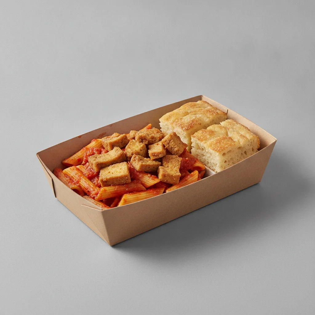 Little Lottis Bowl Box - Penne Pasta with Fried Tofu, Garlic Marinara and House Baked Focaccia Little Lottis Bowl Box - Penne Pasta with Fried Tofu, Garlic Marinara and House Baked Focaccia