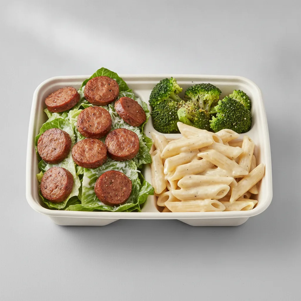 Little Lottis Bowl Box - Caesar Salad with Italian Sausage, Classic Alfredo and Lemon Pepper Broccoli Little Lottis Bowl Box - Caesar Salad with Italian Sausage, Classic Alfredo and Lemon Pepper Broccoli