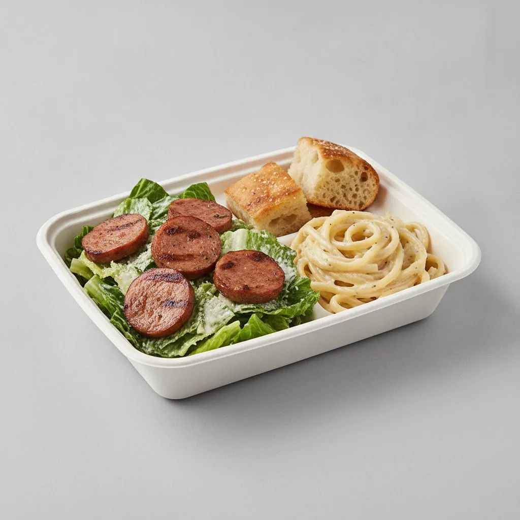 Little Lottis Bowl Box - Caesar Salad with Italian Sausage, Classic Alfredo and House Baked Focaccia Little Lottis Bowl Box - Caesar Salad with Italian Sausage, Classic Alfredo and House Baked Focaccia