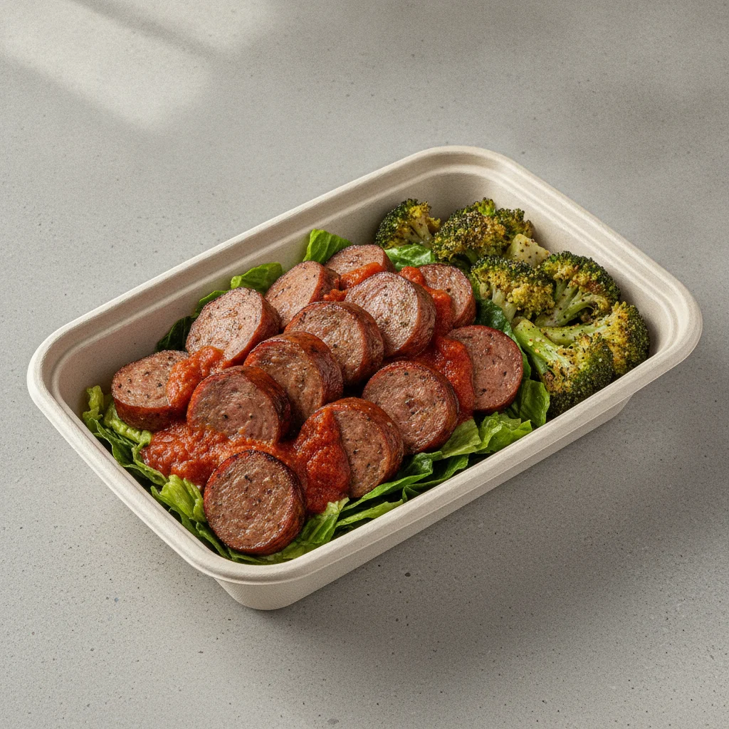 Little Lottis Bowl Box - Caesar Salad with Italian Sausage, Garlic Marinara and Lemon Pepper Broccoli Little Lottis Bowl Box - Caesar Salad with Italian Sausage, Garlic Marinara and Lemon Pepper Broccoli