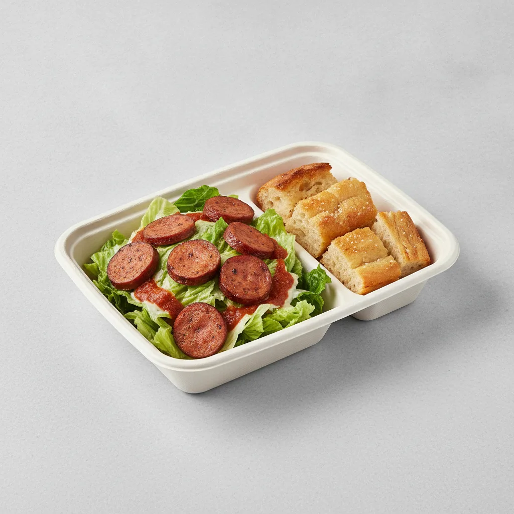 Little Lottis Bowl Box - Caesar Salad with Italian Sausage, Garlic Marinara and House Baked Focaccia Little Lottis Bowl Box - Caesar Salad with Italian Sausage, Garlic Marinara and House Baked Focaccia