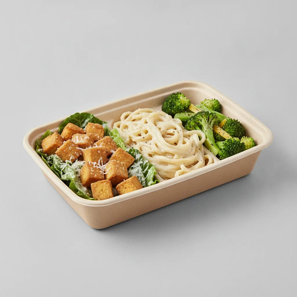 Little Lottis Bowl Box - Caesar Salad with Fried Tofu, Classic Alfredo and Lemon Pepper Broccoli Little Lottis Bowl Box - Caesar Salad with Fried Tofu, Classic Alfredo and Lemon Pepper Broccoli