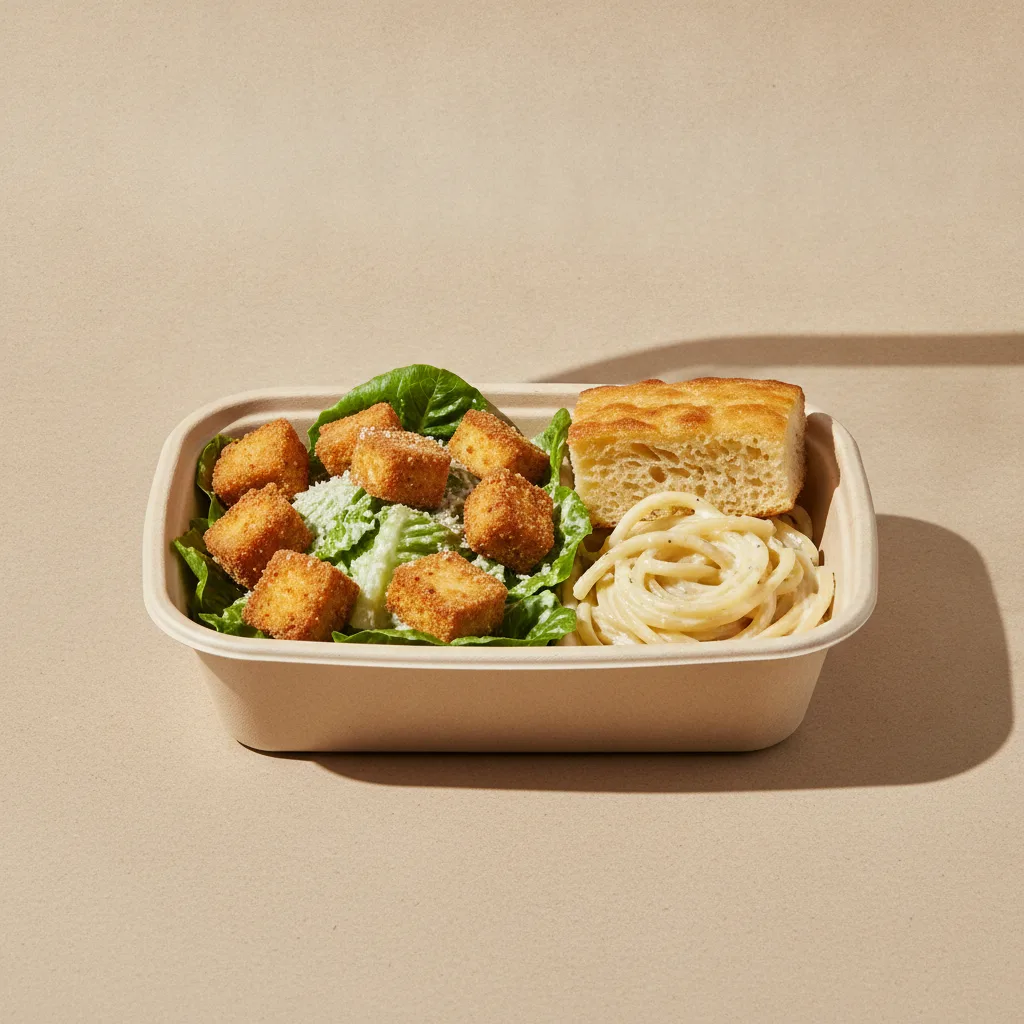 Little Lottis Bowl Box - Caesar Salad with Fried Tofu, Classic Alfredo and House Baked Focaccia Little Lottis Bowl Box - Caesar Salad with Fried Tofu, Classic Alfredo and House Baked Focaccia