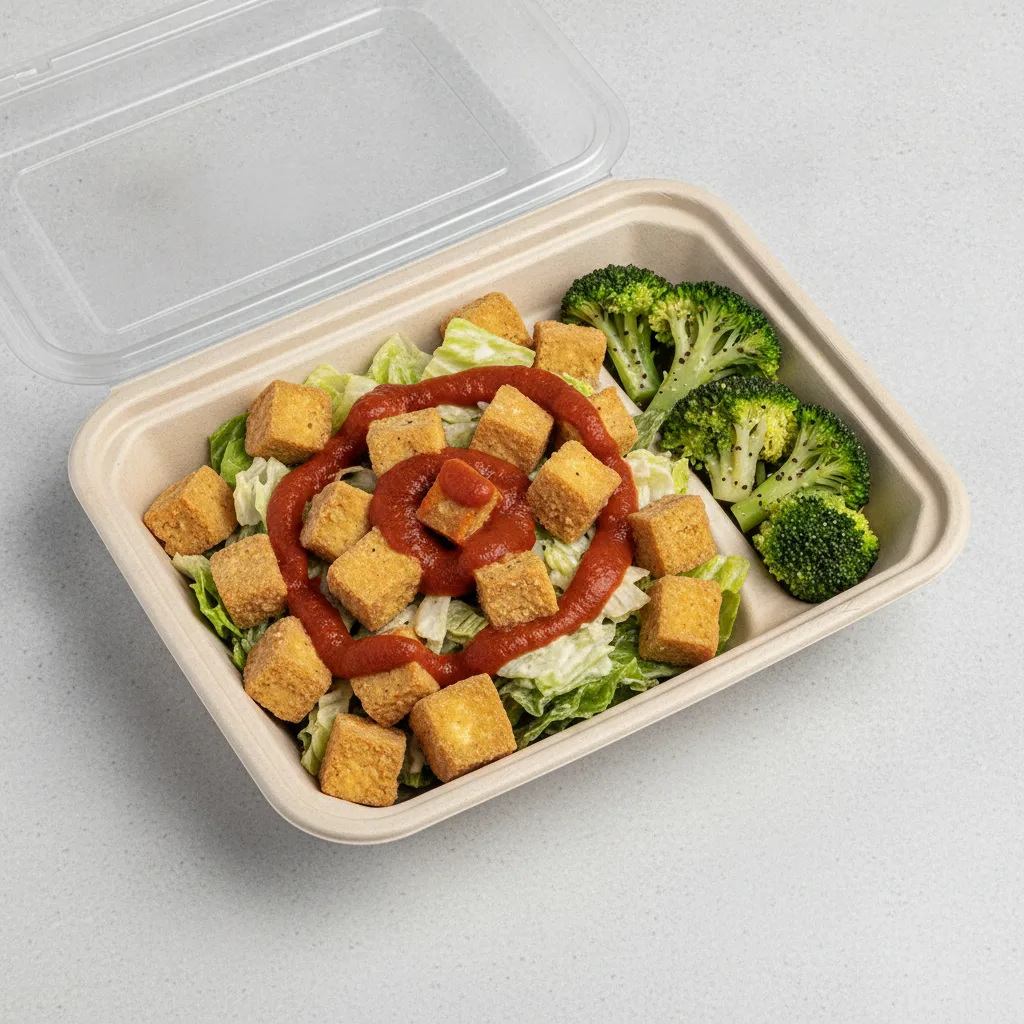 Little Lottis Bowl Box - Caesar Salad with Fried Tofu, Garlic Marinara and Lemon Pepper Broccoli Little Lottis Bowl Box - Caesar Salad with Fried Tofu, Garlic Marinara and Lemon Pepper Broccoli