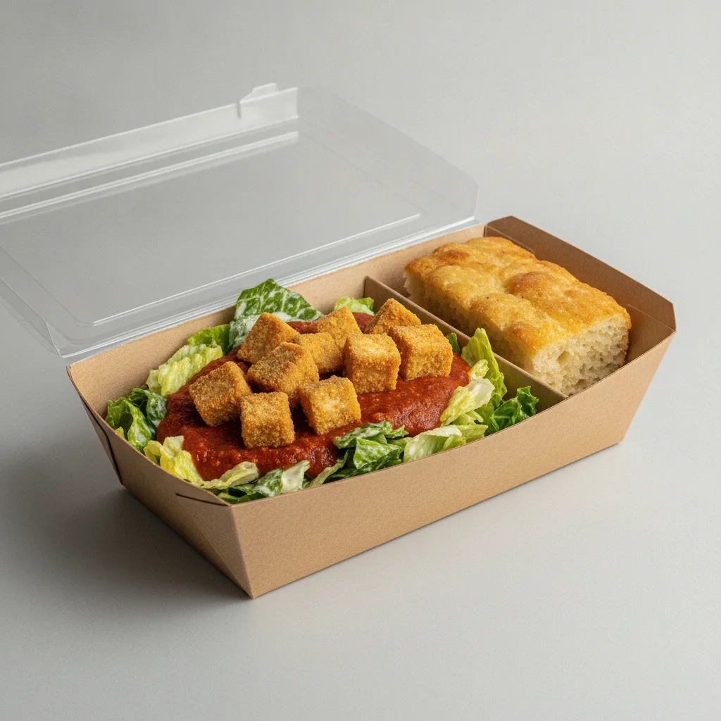 Little Lottis Bowl Box - Caesar Salad with Fried Tofu, Garlic Marinara and House Baked Focaccia Little Lottis Bowl Box - Caesar Salad with Fried Tofu, Garlic Marinara and House Baked Focaccia